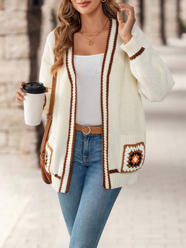 Women's Crochet Floral Applique Drop Shoulder Cardigan