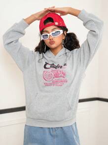 SHEIN 2 件套休闲图案印花连帽羊毛运动衫和直筒牛仔裤套装，适合青少年女孩 - 灰色 - 查看 5