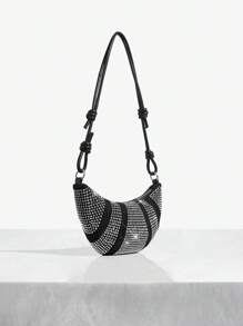 SHEIN SXY 水钻镶嵌新月形单肩包，适合通勤和旅行 - 黑色 - 查看 3