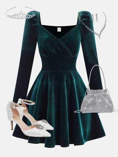 Girlism Teengirl Green Velvet Long Sleeve Elegant A-Line Gathered Waist Dress, Party Dress, Christmas Dress