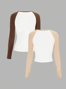 SHEIN BASICS 2 pièces T-shirts classiques slim fit pour femmes, col rond, manches raglan, couleur contrastée, tricot casual - Multicolore - Voir 2
