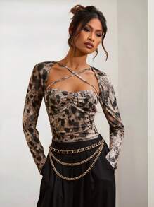 COSMINA 1pc Women Autumn Stylish Leopard Print Slim Fit Top - Multicolor - View 1