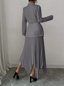 Elenzga 2pcs Women's Elegant Jacket With Lapel, Waist Gathering, Button And Asymmetrical Pleat Detail Fall Cloth For Women - Grey - View 2
