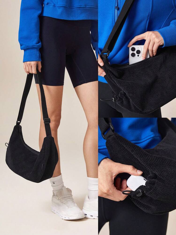 Sac à épaule essentiel en velours côtelé avec poche zippée intérieure, poche latérale à cordon, pour un usage quotidien et décontracté