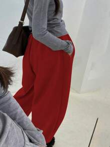 INAWLY 女士纯色抽绳腰部口袋宽松踝带休闲宽松运动裤 - 紅色 - 查看 2
