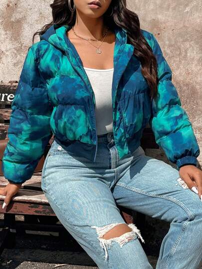 SHEIN VCAY Plus-Size tryckt kort huva bomullsjacka