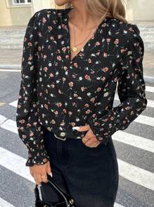 SHEIN Frenchy 女士夏季度假休闲满印花长袖衬衫、图案女衬衫、春季碎花连衣裙、长袖上衣 - 黑色 - 查看 1