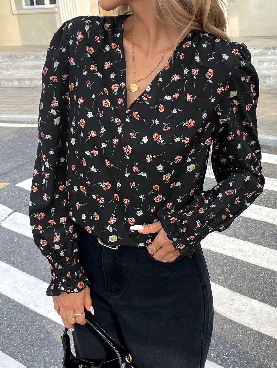 SHEIN Frenchy 女士夏季度假休闲满印花长袖衬衫、图案女衬衫、春季碎花连衣裙、长袖上衣 - 黑色 - 查看 1