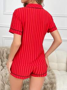 Women's Contrast Trim Ruched Striped Short Sleeve Shorts Pajama Set
