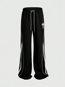 ROMWE MEN Street Life Men's Elastic Waist Loose Fit Sweatpants With Striped Panel, Streetwear - Black - View 1