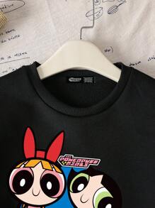 THE POWERPUFF GIRLS X SHEIN Tween Girl 休闲卡通印花圆领长袖运动衫，适合秋冬季 - 黑色 - 查看 5