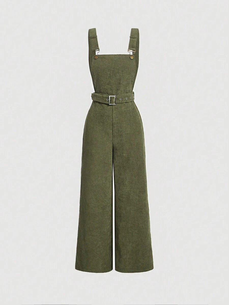 SHEIN MOD Women's Wide Strap Buttoned Simple Jumpsuit, Casual For Everyday Wear - Olive Green - View 1