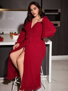 加大码纯色雪纺宽松长袍，带 3D 花卉蕾丝花边 - 酒紅色 - 查看 4