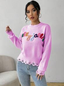 Chiquease Áo len dệt kim cổ tròn tay dài họa tiết chữ chắp vá thường ngày dành cho nữ thu đông - Màu tím hoa cà - Xem 7