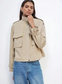 Maija Áo khoác nữ màu kaki khóa kéo và nút cài phía trước đầu xuân có túi xếp, áo dài tay giản dị và thời trang - Màu Khaki - Xem 4
