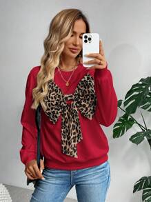 SHEIN LUNE 纯色针织撞色豹纹蝴蝶结装饰休闲连帽衫，秋冬款 - 酒紅色 - 查看 4