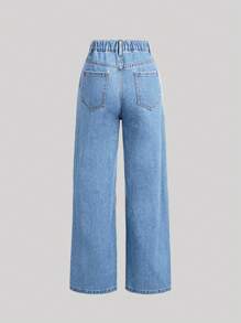 SHEIN Girlism Teen Girls' Butterfly Print Distressed Straight Loose Casual Jeans With Pockets
