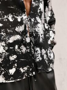 AKNOTIC Party 男士宽松银箔印花领长袖抽绳休闲透明衬衫，适合日常和派对穿着，派对老款男士宽松衬衫，可作为男友礼物 - 黑色 - 查看 3