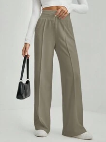 SHEIN Tall Pantalón de chándal de pierna ancha con cordón a la cintura - Caqui - Ver 7