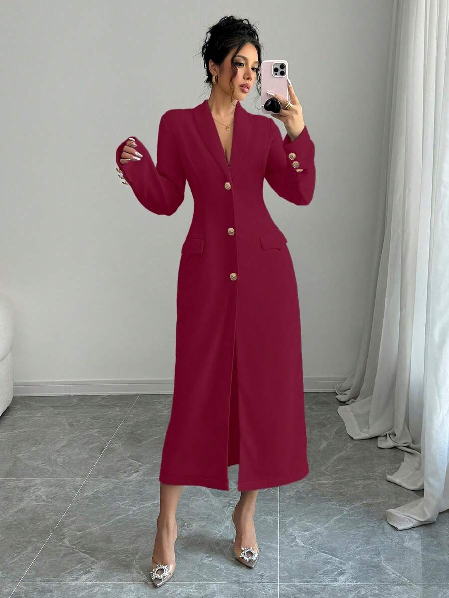 Elenzga Solid Color Long Sleeve Pocket Simple Casual Button Decorated Long Jacket - Burgundy - View 1