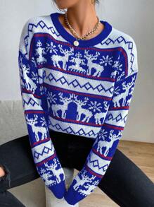 SHEIN LUNE Women's Round Neck Long Sleeve Cute Christmas Elk Pattern Detail Minimalist Sweater, Casual For Daily Wear Knit Pullover Fall Winter