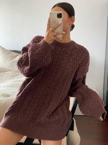 DAZY 女式圆领宽松麻花针织套头衫秋季 - 卡其色 - 查看 7