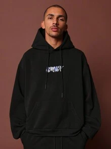 SUMWON Regular Fit Overhead Hoodie With Applique & Flare Fit Sweatpants 2 Piece Set - Black - View 3