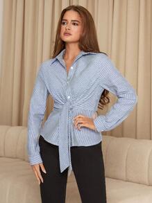 SHEIN Clasi Women's Striped Shirt With Front Tie, Retro Professional Pinstripe Design