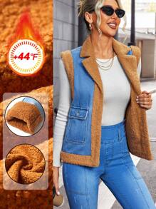 SHEIN Essnce Women Thermal Lined Sleeveless Denim Jacket With Pockets, Warm Winter Outerwear - Blue - View 1