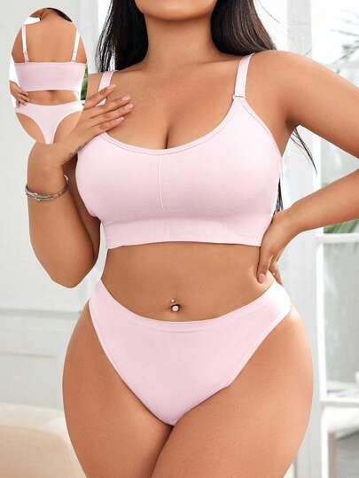 Plus Size Simple Solid Color Spaghetti Strap Camisole & Underwear Set, Minimalist Top And Bottom, Lift