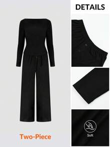 SHEIN BASICS 2pcs/Set Women's Casual Solid Color Knitted Fitted Long Sleeve T-Shirt And High Waist Wide-Leg Pants