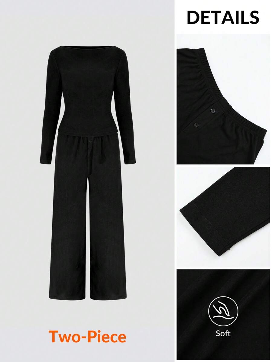 SHEIN BASICS 2pcs/Set Women's Casual Solid Color Knitted Fitted Long Sleeve T-Shirt And High Waist Wide-Leg Pants