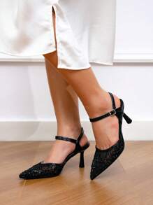 CUCCOO HITCHD 女士尖头高跟鞋蕾丝水钻优雅派对晚会婚礼高跟鞋 - 黑色 - 查看 9