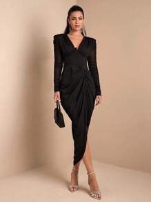 SHEIN BAE Long Sleeve Solid Black Sexy Deep V-Neck Ruched Tight Slit Dress, Elegant For Cocktail Parties, Romantic Dates, Layering In Autumn/Winter, Gatherings, Weddings - Black - View 7