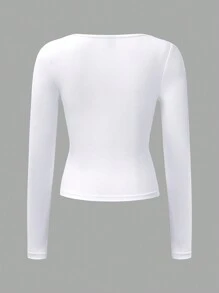 Chiquease 女性春夏實色方領長袖休閒T卹