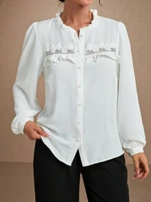 EURMUSE Women's Solid Color Ruffle Hem Long Sleeve Elegant Blouse, Autumn - White - View 5