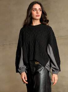 Anewsta 分叉下摆撞色抽绳装饰毛衣，高低摆针织套头衫，秋冬款 - 黑色 - 查看 6