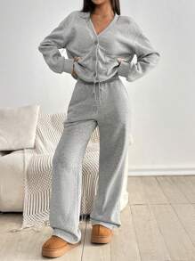 Bộ 2 món đồ mặc nhà thường ngày cho nữ, áo dài tay cổ chữ V cài nút túi trước và quần ống đứng cạp rút, thời trang thu đông - Xám - Xem 4