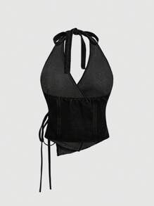 SHEIN MOD 女士简约领带后背牛仔休闲上衣，适合日常穿着 - 黑色 - 查看 2