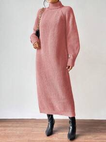 SHEIN Clasi Đầm len dài tay cổ lọ đơn giản giản dị cho nữ mùa đông - Bụi hồng - Xem 6