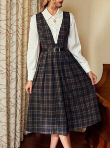 Vintamour Retro Classic Elegant Women's Pinafore Dress Sleeveless Plaid Dress With Flared Hem Valentine's Day Dresses For Women Elegant Business Casual Woman Church Clothes Women