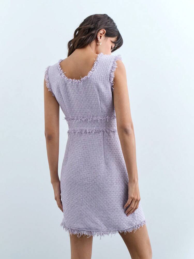 SHEIN Maija Women's Autumn/Winter Square Collar Fringed Sequin Tweed Elegant Sleeveless Mini Dress