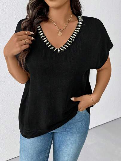 SHEIN LUNE Plus Size Women Pearl Beaded V-Neck Sleeveless Knitted Sweater Top