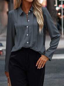 Opuloom Solid Button Front Shirt,Long Sleeve Tops Fall Cloth For Women - Dusty Blue - View 4