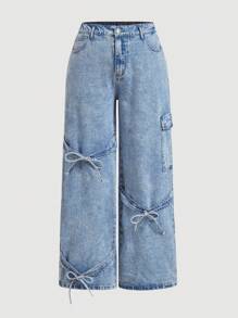 SHEIN MOD Quần Jeans Boyfriend ống đứng rộng rãi màu xanh cỡ lớn có nơ Baggy Y2k dành cho nữ - Rửa nhẹ - Xem 1