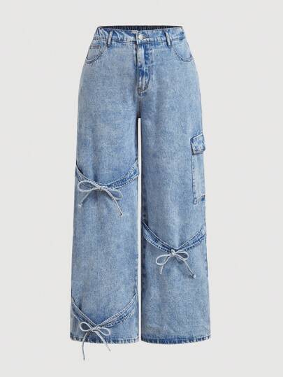 SHEIN MOD Plus Size Blue Loose Straight Leg Boyfriend Jeans Bow Baggy Y2k Women Jeans, Fall Women Clothes
