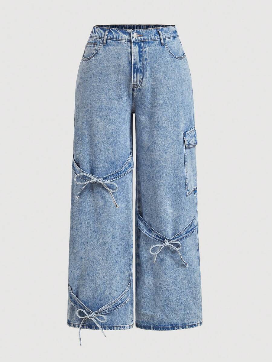 SHEIN MOD Quần Jeans Boyfriend ống đứng rộng rãi màu xanh cỡ lớn có nơ Baggy Y2k dành cho nữ - Rửa nhẹ - Xem 1