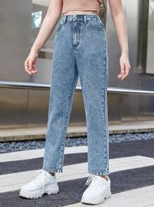 SHEIN Vaqueros rectos holgados y versátiles con bolsillos para adolescentes y chicas - Azul lavado medio - Ver 4