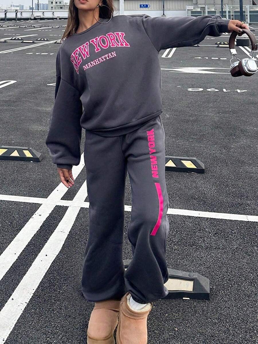 SHEIN Leap Crew 2pcs Set: Grey Hoodie With Letter & Fleece Casual Sweatpants, Collegiate And Street Style