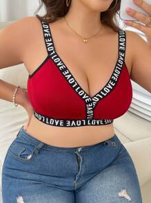 Plus Size Letter Pattern Wire-Free Bra, Sold In Single Item - Burgundy - View 5